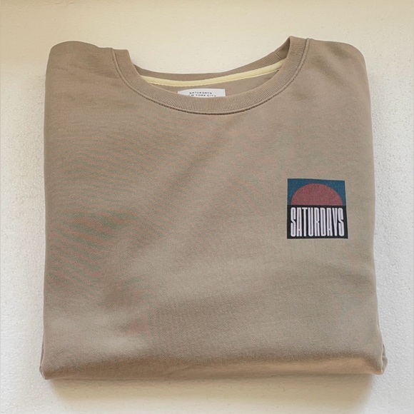 SATURDAYS NYC FRENCH TERRY BOWERY SUN CREW GRAPHIC SWEATSHIRT TAN BOYFRIEND - Picture 2 of 9